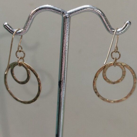 14K Yellow Gold Hammered Hoop Dangle Earrings Lightweight Double Loop Design - Picture 2 of 9